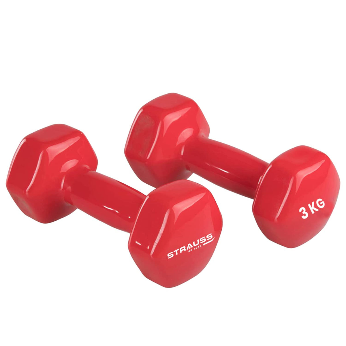 Strauss Premium Vinyl Dumbbells Weight for Men & Women | 3 Kg (Each) | 6 Kg (Pair) | Ideal for Home Workout, Yoga, Pilates, Gym Exercises | Non-Slip, Easy to Hold, Scratch Resistant (Red)