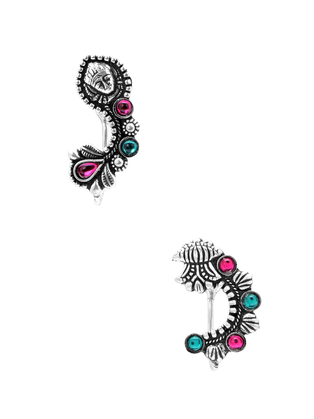 Yellow Chimes Oxidised Nose Pin Nath for Women 2 Pcs Combo Authentic Kolhapuri Worked Maharasthrian Non-Piercing Nath for Women and Girls.