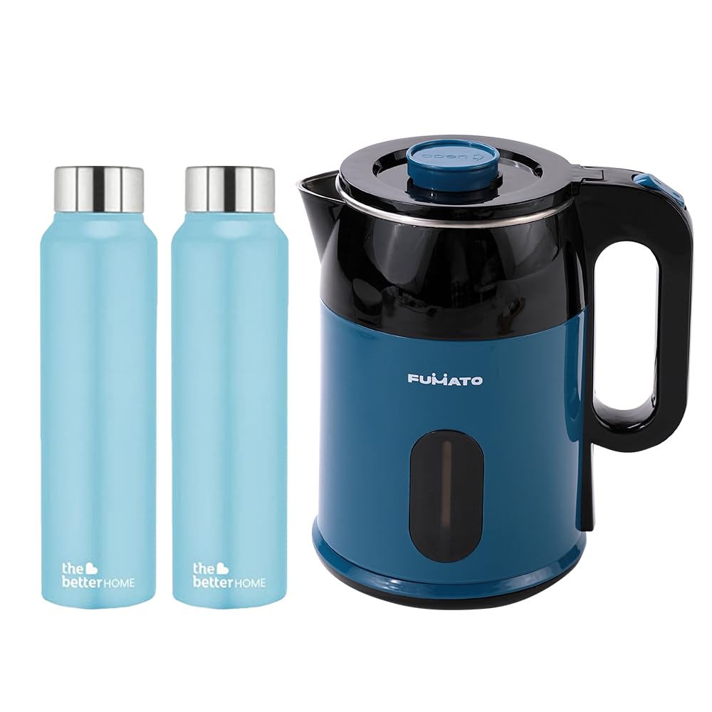 The Better Home FUMATO RapidHeat Pro Electric Kettle 1.8 L, Blue & Stainless Steel Water Bottle 1 Litre Pack of 2 Blue