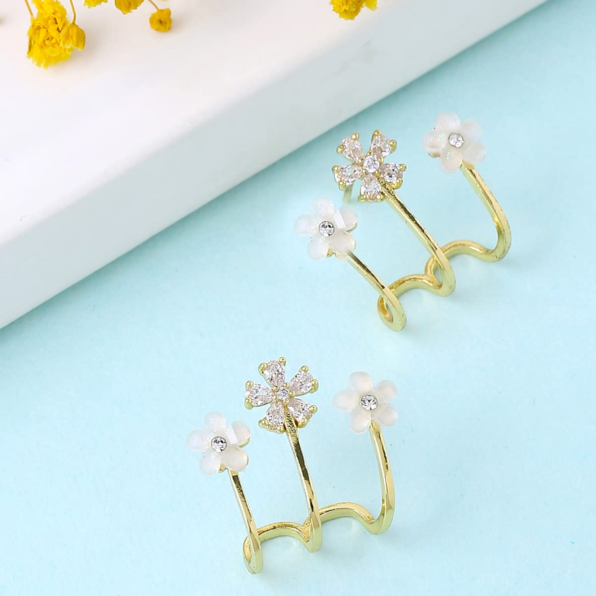 Yellow Chimes Earrings For Women Gold Tone Crystal Studded Triple Flower Stud Clip On Earrings For Women and Girls