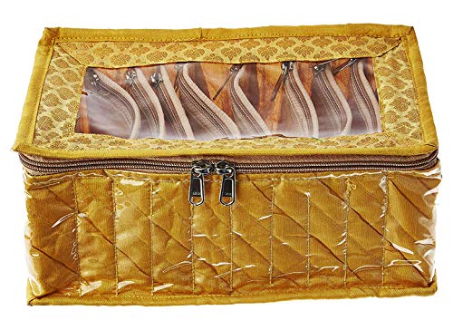 Kuber Industries Fabric Jewellery Box with 10 Pouches, Gold
