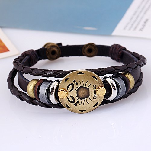Yellow Chimes Zodiac Sign Constellation Handmade Brown Leather Bracelet for Men and Women/Unisex (Cancer)