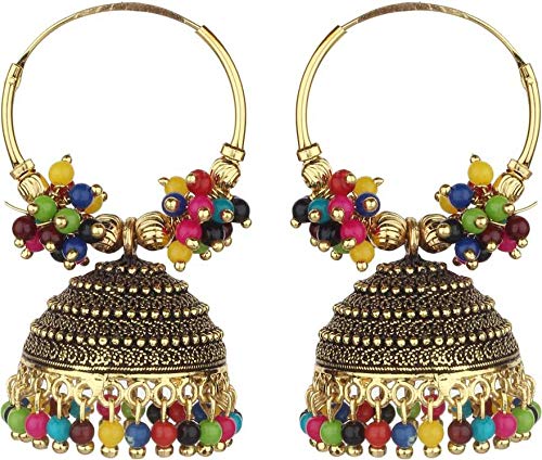 Yellow Chimes Oxidized Gold Plated Ethnic Design Traditional Peacock Long Chand Bali Jhumka/Jhumki Earrings for Women and Girls