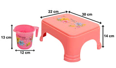 Kuber Industries Printed 2 Pieces Plastic Bathroom Stool & Mug Set (Pink)