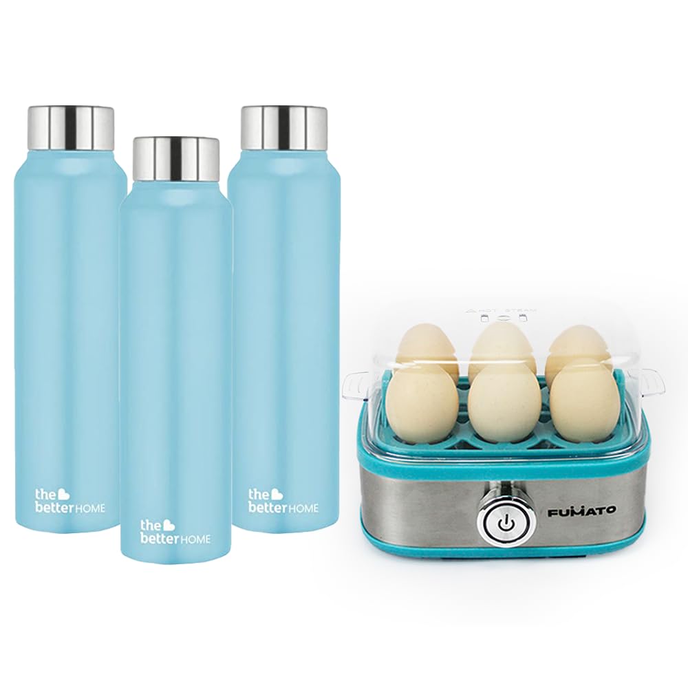 The Better Home FUMATO Eggwhiz Electric Egg Boiler 210W 6 Egg Boiler, Light Blue & Stainless Steel Water Bottle 1 Litre Pack Of 3 Blue