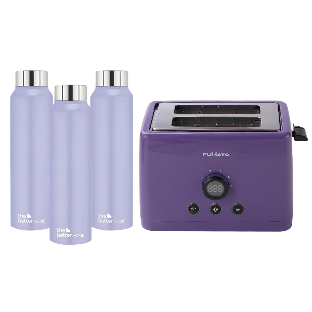 The Better Home FUMATO 1000 Watt 2 Slice Pop-up Toastmate Toaster & Stainless Steel Water Bottle 1 Litre Pack of 3 Purple