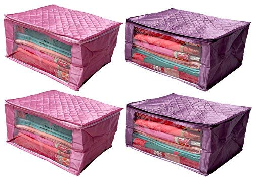 Kuber Industries Quilted 4 Piece Satin Saree Cover Set, Pink and Purple