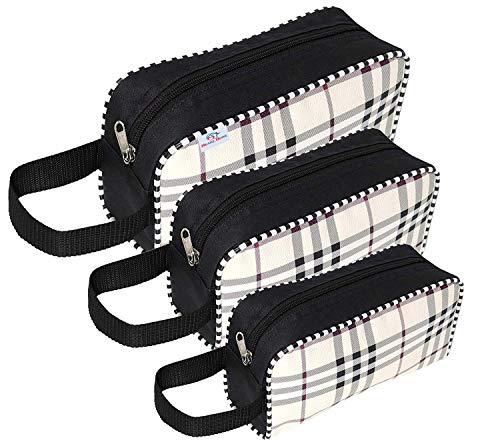 Heart Home Water-resistant Shaving Dopp Kit Bathroom Bag with Check Design-Set of 3 (Cream) (F_26_HEARTH017004)