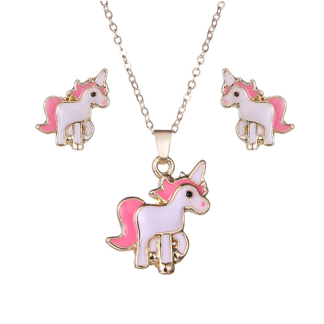 Melbees by Yellow Chimes Pendant Set for Girls Lovely Pink Baby Unicorn Small Pendant Set Necklace with Stud Earrings Kids Jewellery Set for Girls and Kids.