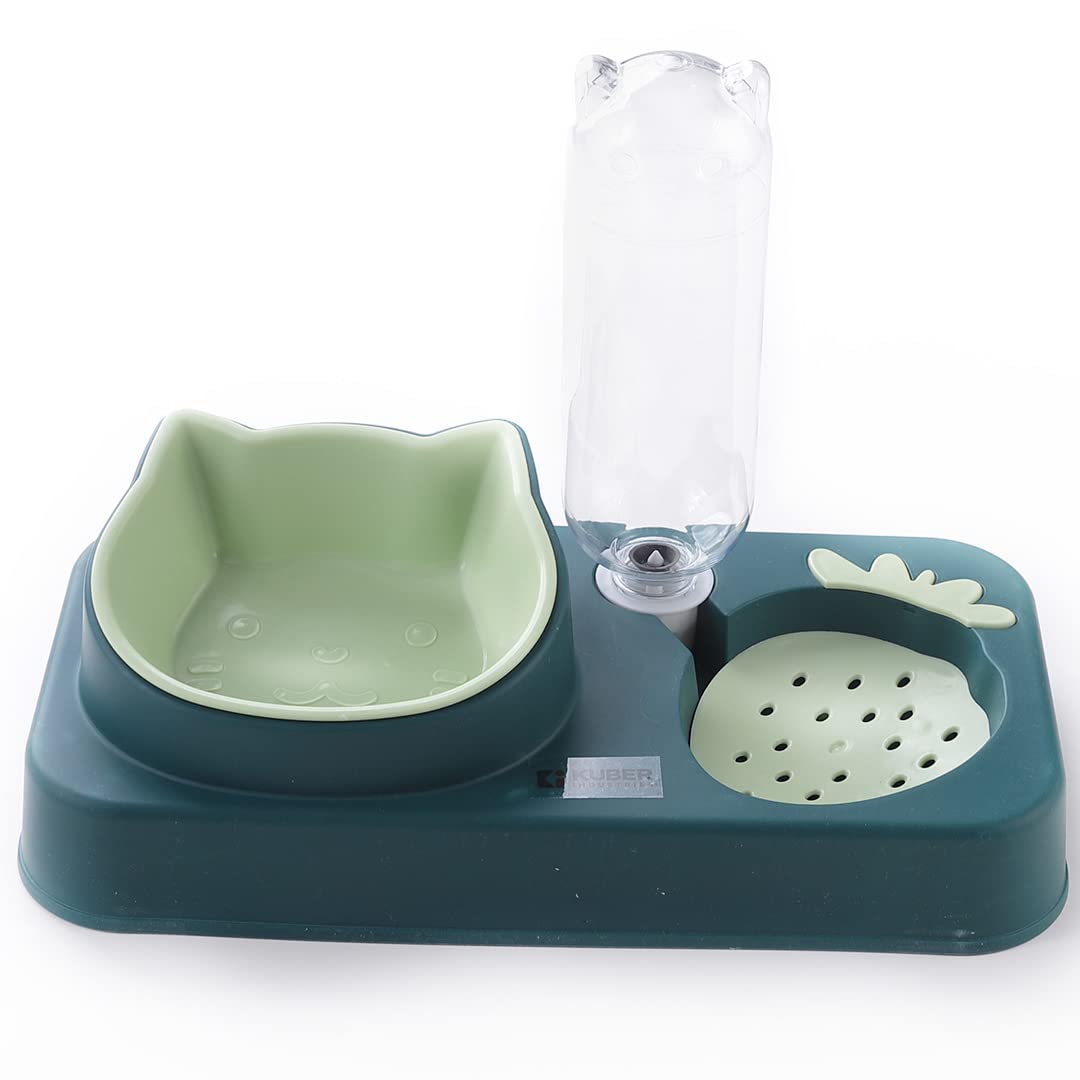 Kuber Industries 2-in-1 Cat & Dog Bowl Set with Replaceable Water Bottle|Detachable Cat Bowl Set|Premium PP & ABS Plastic|Non-Toxic|Suitable for Small & Medium Pets|PT303G|Green