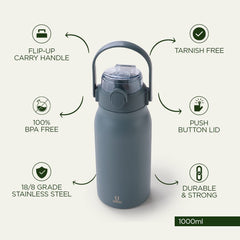 Umai Insulated Stainless Steel Bottle 1 litre with Sipper Lid-Double Wall Vacuum thermos | Leak Proof | Rust Proof | Keeps Drinks Hot/Cold for 6-12 Hours | Flip Up Handle | Easy to Carry (Pack of 40, Blue)