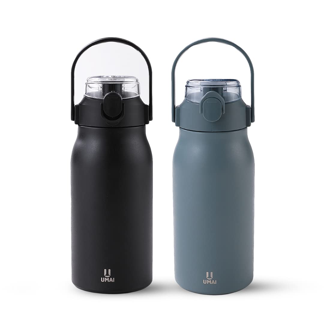 U Insulated Stainless Steel Bottle 1 Litre with Sipper Lid-Double Wall Vacuum Thermos | Leakproof | Keeps Drinks Hot/Cold for 6-12 Hours | FlipUp Handle | Easy-to-Carry (Pack of 2) (Blue-Black)