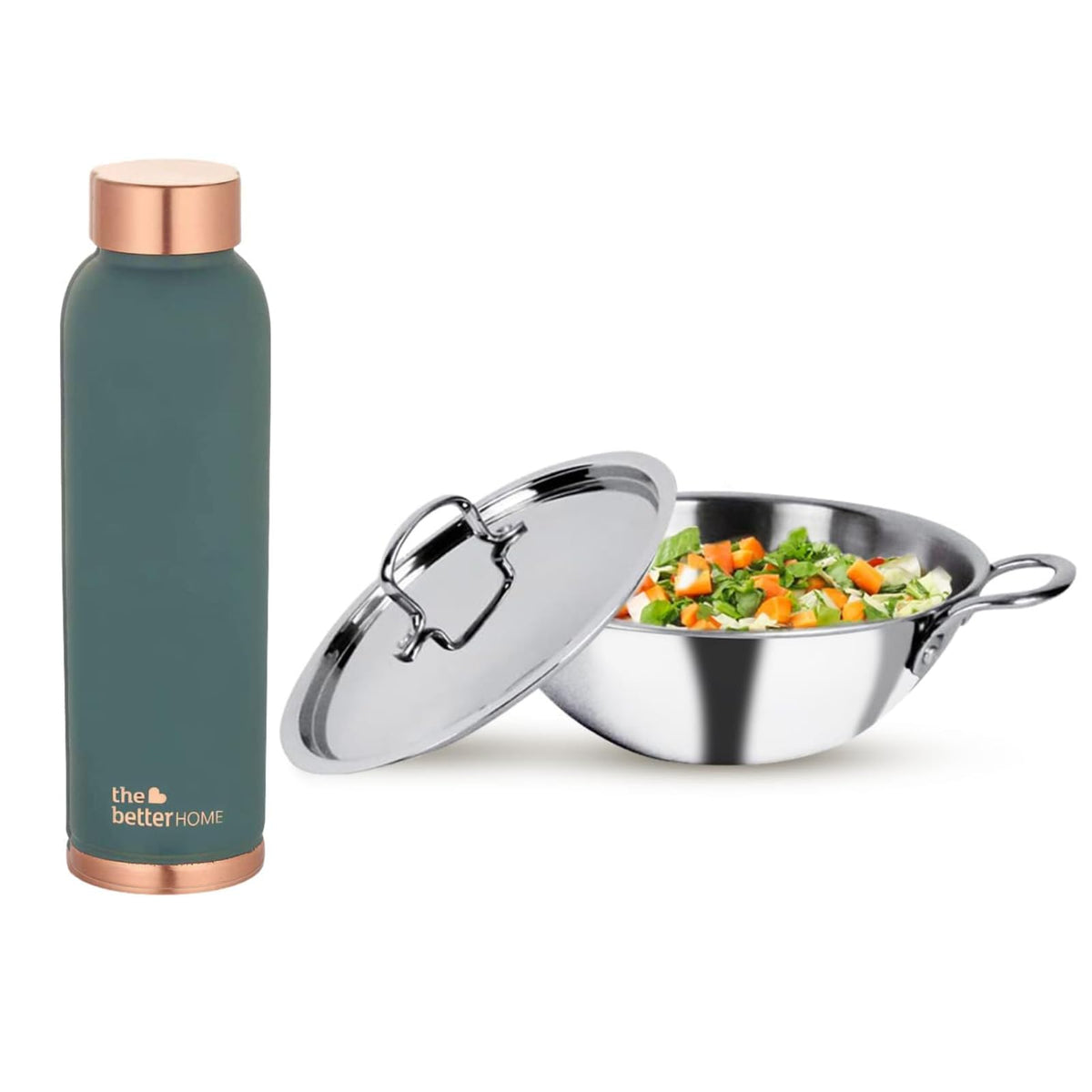 The Better Home 100% Pure Copper Water Bottle 1 Litre, Teal & Savya Home Triply Kadai with Stainless Steel Lid, 22cm (2.2 ltr)