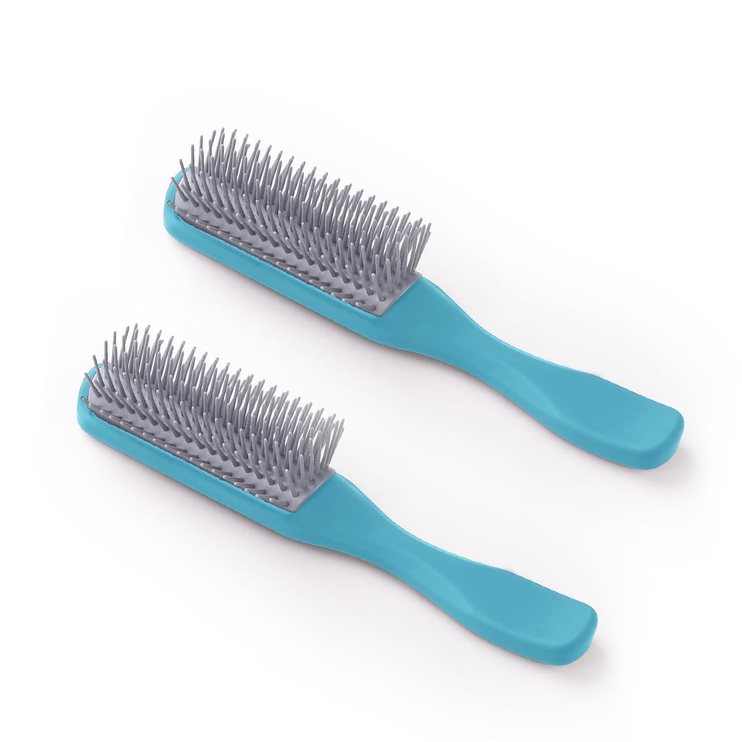 UMAI Flat Hair Brush with Strong & Flexible Bristles | 9-Row Curl Defining Brush for Thick Curly & Wavy Hair | Large Fan-type Head | Hair Styling Brush for Women & Men (Blue, Pack of 2)