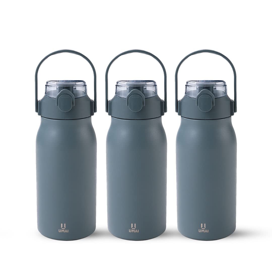 UMAI Insulated Stainless Steel Bottle 1 litre with Sipper Lid-Double Wall Vacuum thermos | Leak Proof | Rust Proof | Keeps Drinks Hot/Cold for 6-12 Hours | Flip Up Handle|Easy to Carry(Pack of 3,Blue)