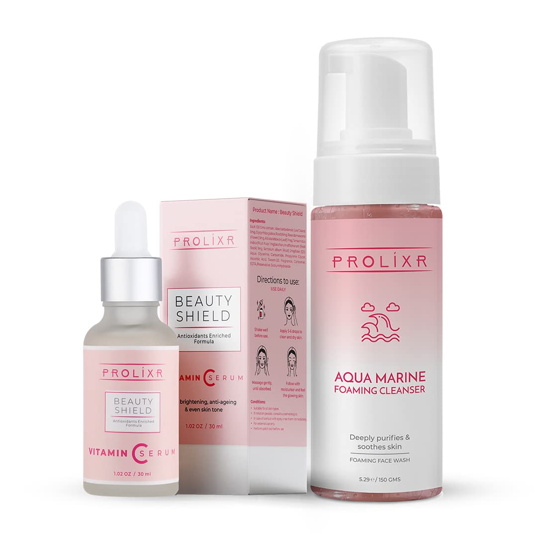 Prolixr Glow Up Bundle - Aqua Marine Face Wash & Vitamin C Serum | Hydrating | Skin Repair | Dark Spots | Pigmentation - For Glowing Skin