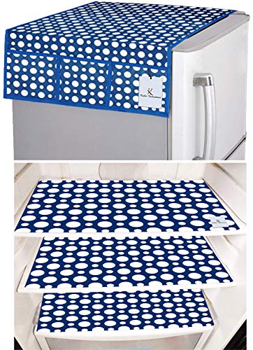 Kuber Industries Polka Dots Design 3 Pieces PVC Fridge Mats and 1 Piece Fridge Top Cover (Blue) CTKTC33651