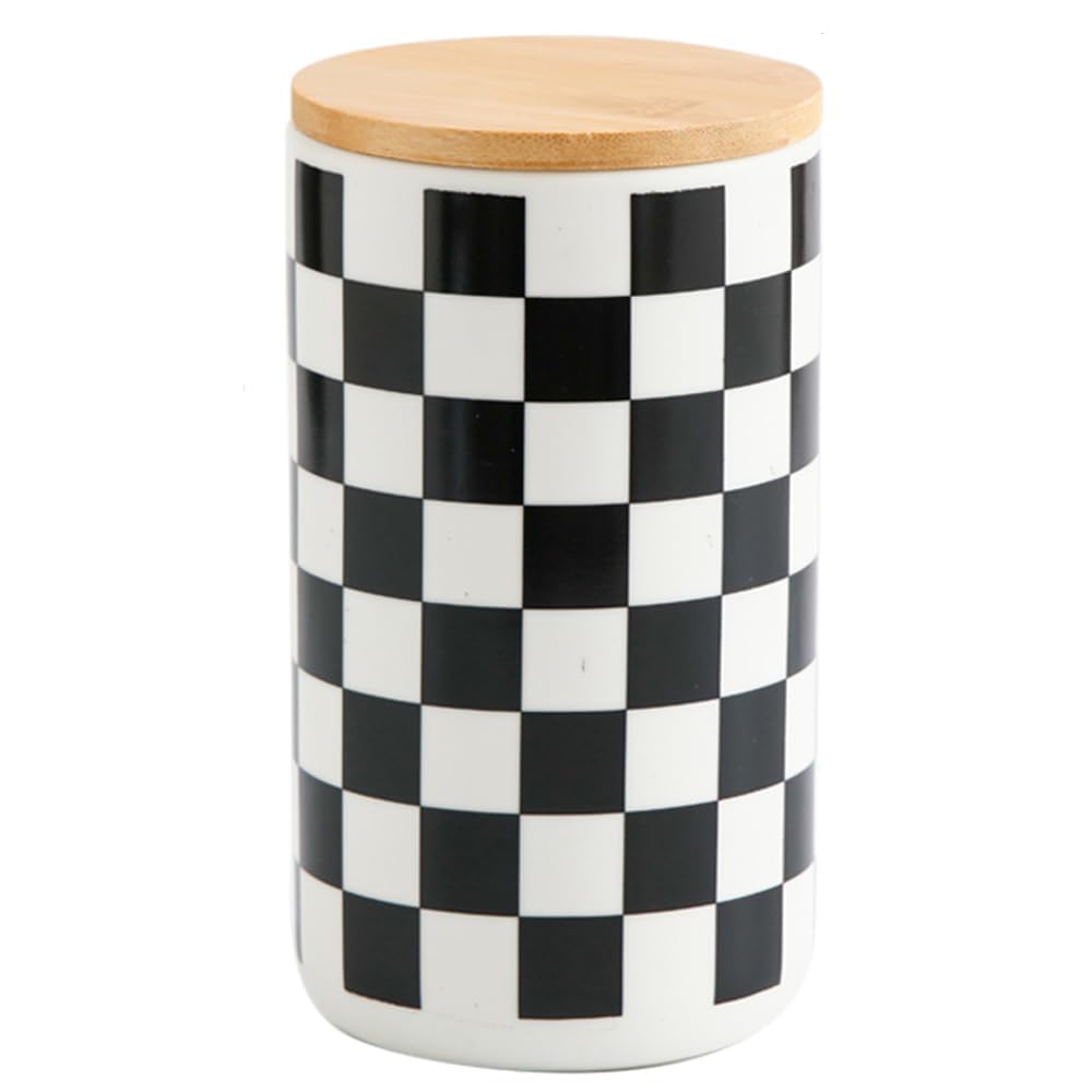 Kuber Industries Ceramic Jar | Food Storage Jar | Kitchen Storage Jar | Round Jar for Home | Sugar Storage Jar | Airtight Bamboo Lid | Square Pattern | YX11-L-SQ | 1000 ML | Black-White