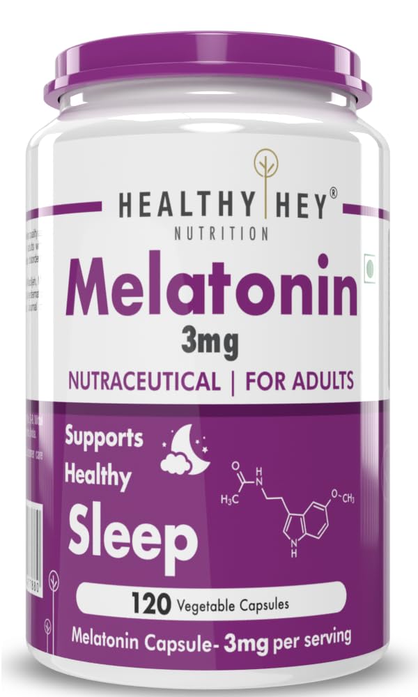 HealthyHey Nutrition Melatonin 3mg, Pack of 120 vegetable capsules - Promotes Sleep and Relaxation