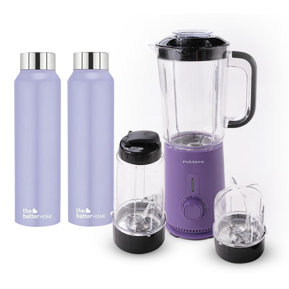 The Better Home FUMATO Quikblend Portable Nutri Blender 400W Purple & Stainless Steel Water Bottle 1 Litre Pack of 2 Purple