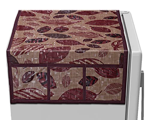 Kuber Industries Leaf Printed PVC Fridge Top Cover with 6 Utility Side Pockets (Maroon)