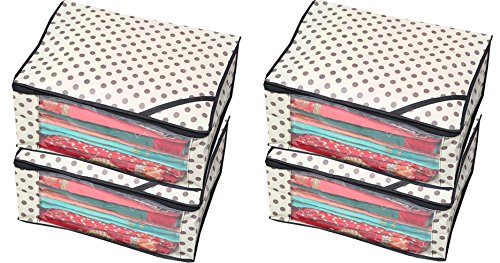 Kuber Industries Polka Dots Designer 4 Piece Non Woven Saree Cover Set, Ivory (NWSC0201),Standard