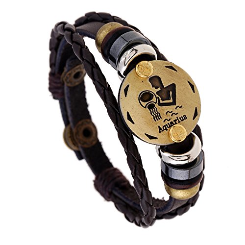 Yellow Chimes Zodiac Sign Constellation Handmade Brown Leather Bracelet for Men and Women/Unisex (Aquarius)