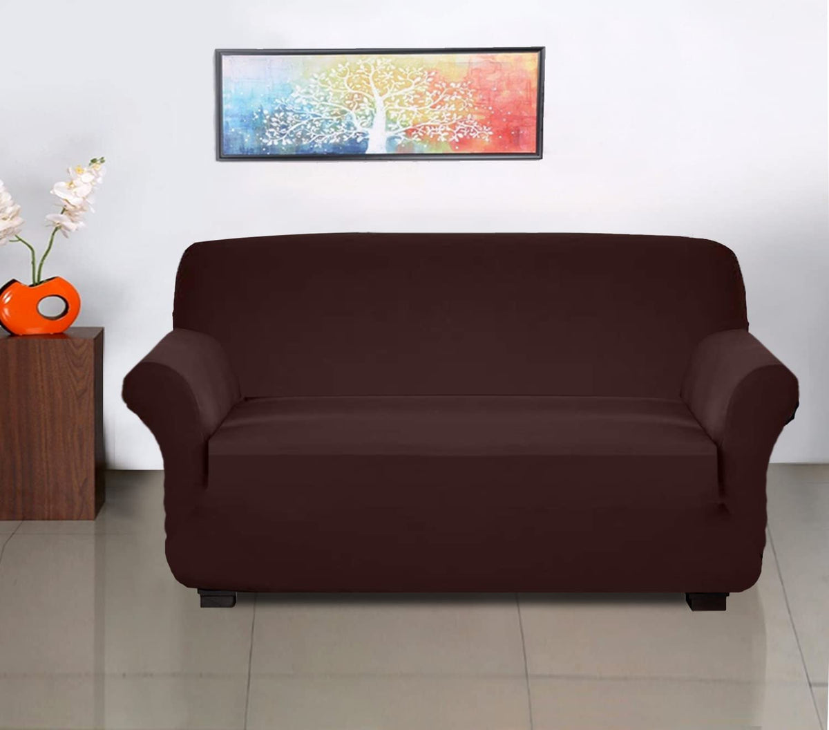 Heart Home Stretchable, Non-Slip Polyster 3 Seater Sofa Cover/Slipcover/Protector with Foam Stick (Brown)-50HH01423