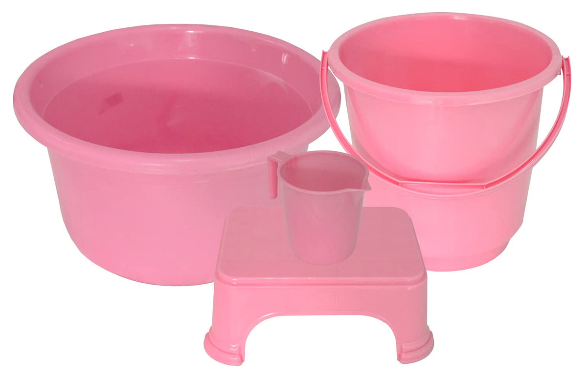 Kuber Industries 4 Pieces Plastic Bucket, Stool, Mug & Tub Set (Pink)