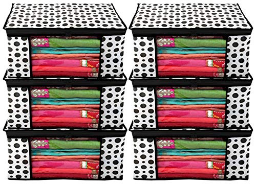 Kuber Industries Polka Dots Design 6 Piece Non Woven Fabric Saree Cover/ Clothes Organiser For Wardrobe Set with Transparent Window, Extra Large,(Black & White) -CTKTC038089 Pack of 6