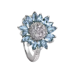 Yellow Chimes Rings for Women Floral Rings Aquamarine Blue Crystal Sunflower Shaped Silver Plated Rings for Women and Girl's.