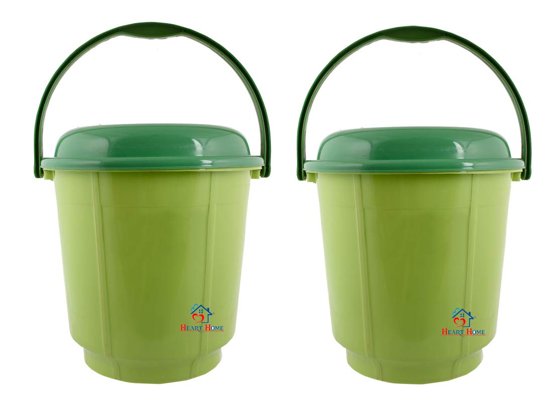 Heart Home Unbreakable Virgin Plastic Strong Bathroom Bucket with Lid 18 LTR (Green)-Pack of 2-HHEART15239