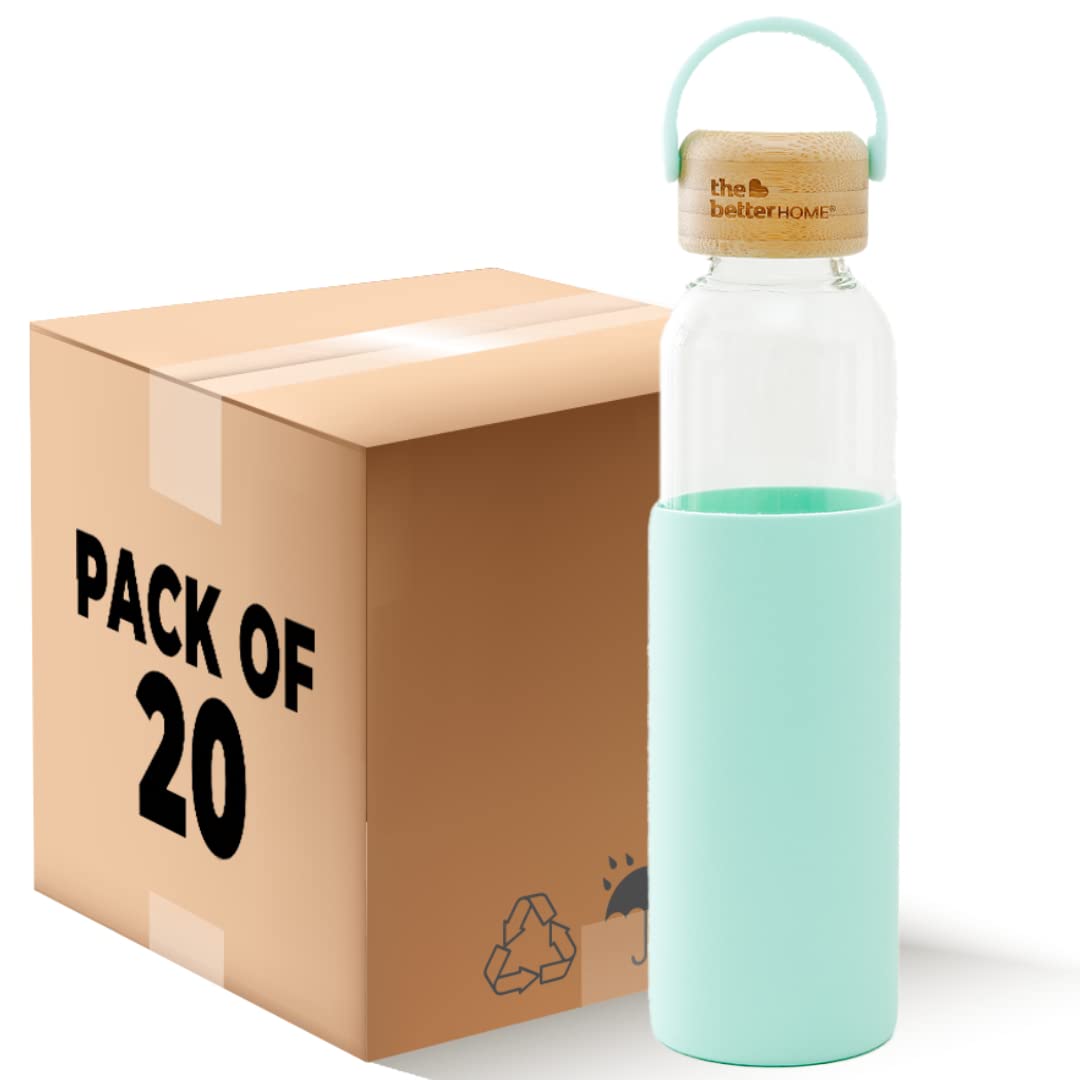 The Better Home Borosilicate Glass Water Bottle with Sleeve (500ml) | Non Slip Silicon Sleeve & Bamboo Lid | Fridge Water Bottles for Men, Women & Kids | Water Bottles for Fridge | Green (Pack of 20)