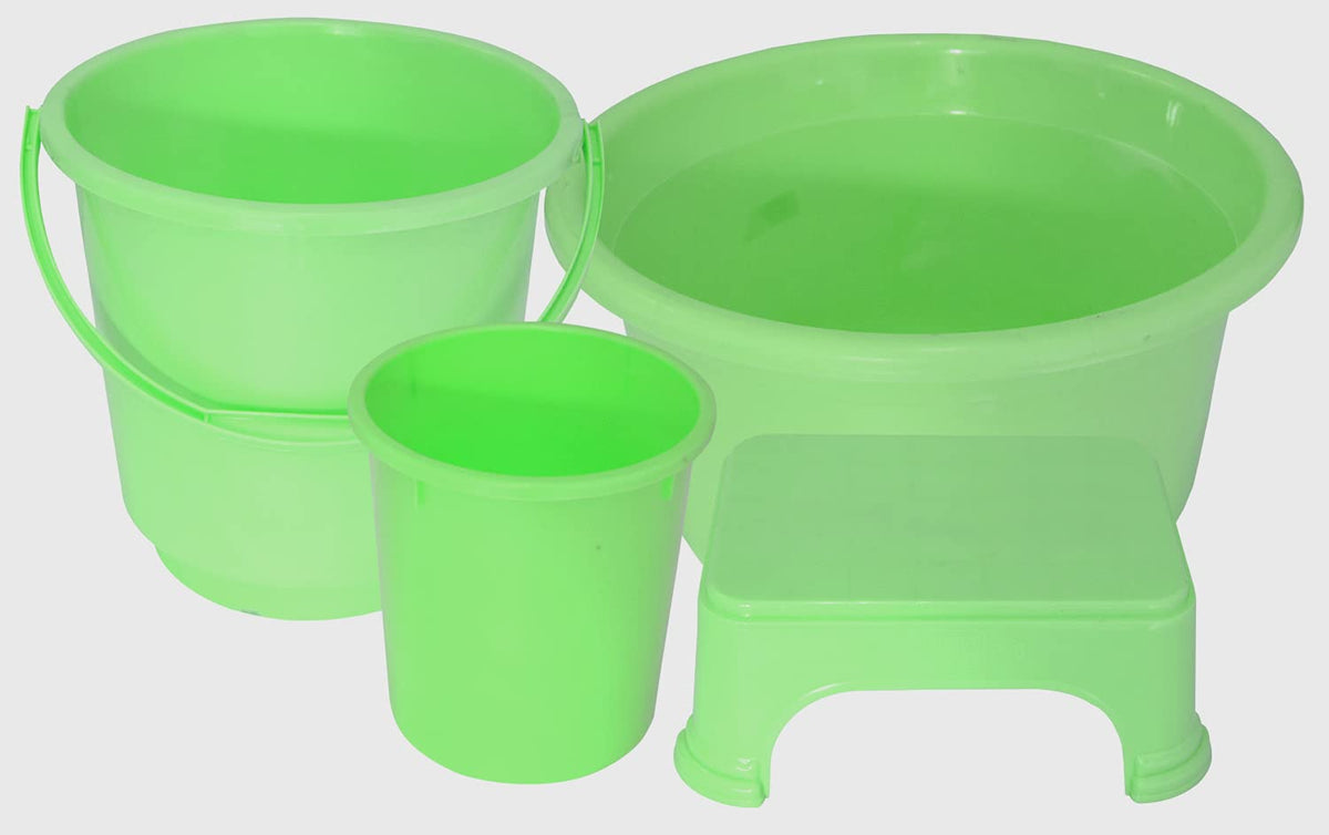 Kuber Industries 4 Pieces Plastic Bucket, Stool, Dustbin & Tub Set (Green)