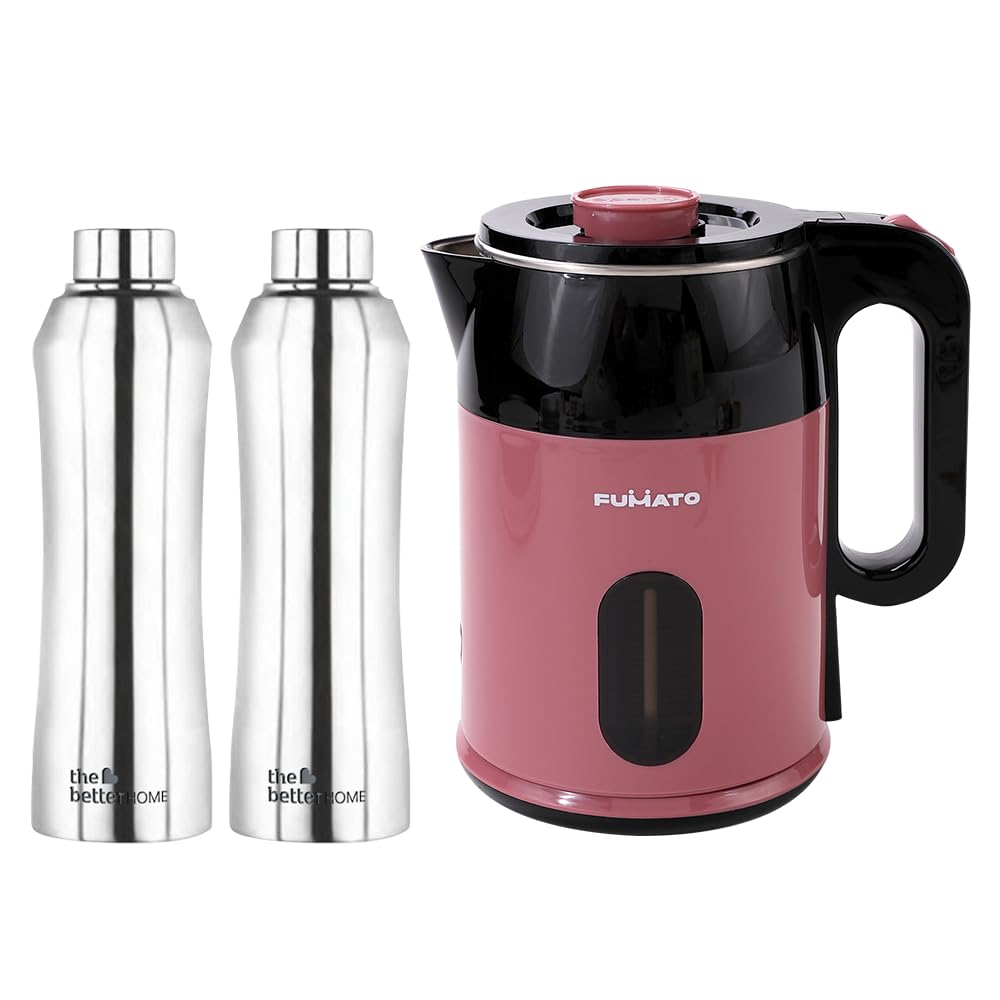 The Better Home FUMATO RapidHeat Pro Electric Kettle 1.8 L, Pink& Stainless Steel Water Bottle 1 Litre Pack of 2 Silver