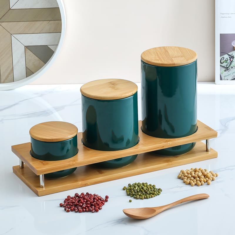 Mush Ceramic Jars Set with Bamboo Lid and Stand|Kitchen Organizer Items and Storage|Multipurpose Airtight Containers|3 Pieces Kitchen Containers Set-260ml, 800ml, 1000ml (Green)