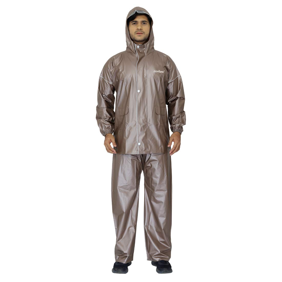 THE CLOWNFISH Oceanic Men's Waterproof PVC Raincoat with Hood and Reflector Logo at Back for Night Travelling. Set of Top and Bottom (Light Brown, XL)
