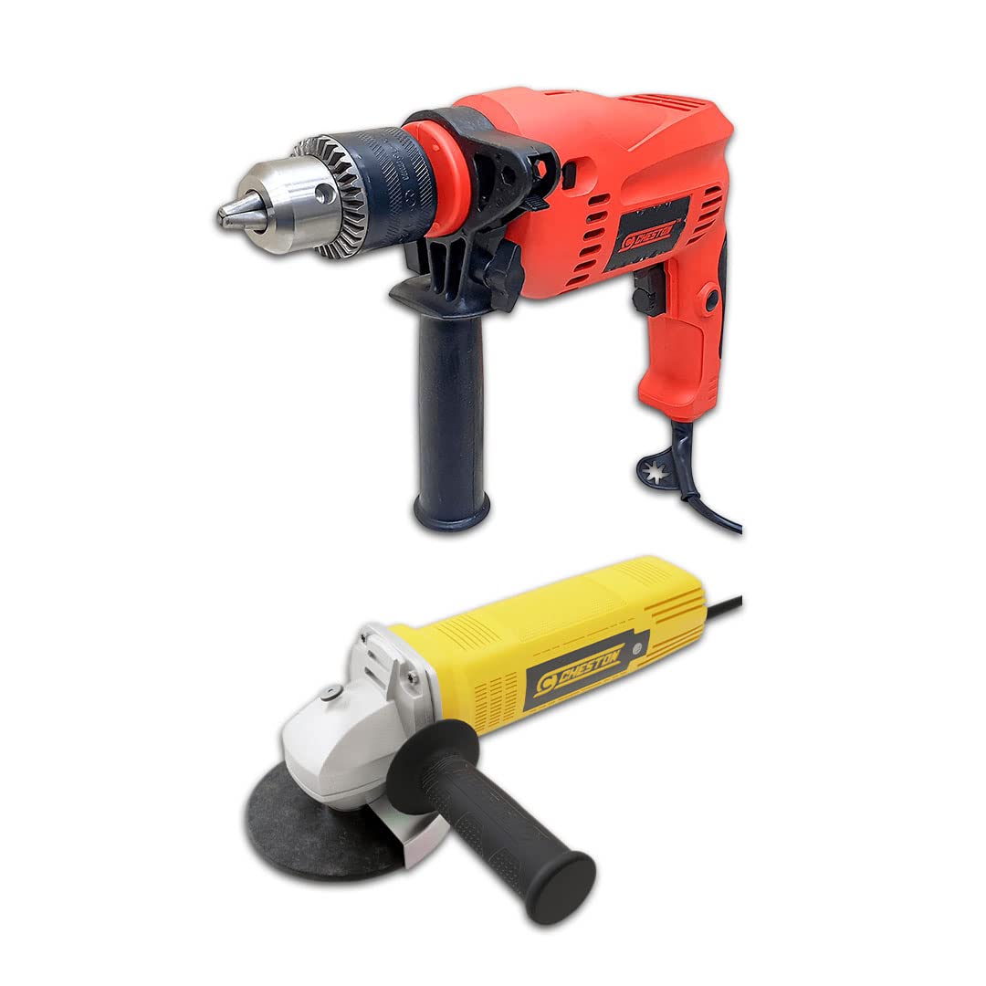 Cheston Impact Drill Machine 13mm Chuck with Reversible and Variable Speed Screwdriver and Hammer + 850W 4-Inch Angle Grinder for Polishing Cutting Grinding Works on Metal Wood Wall