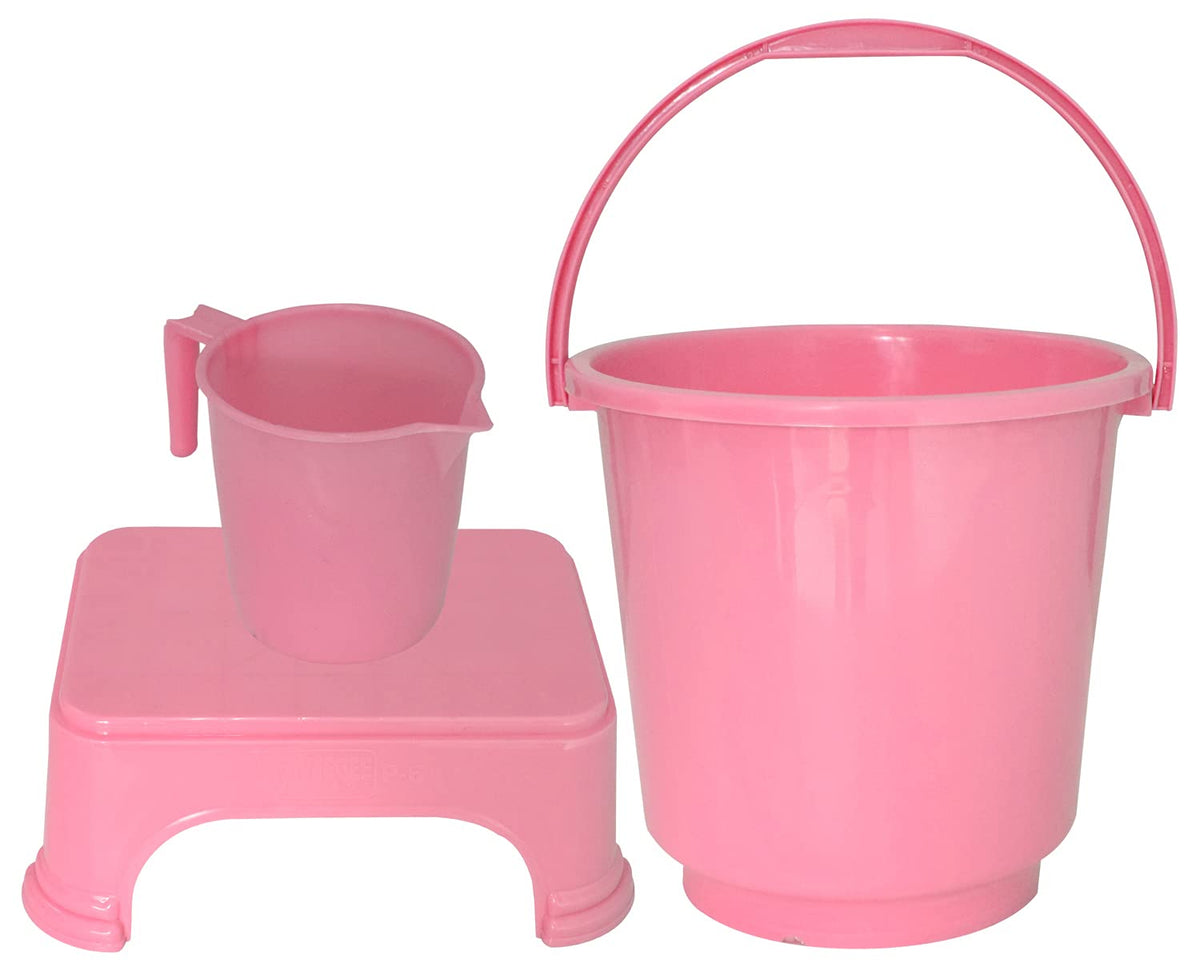 Kuber Industries 3 Pieces Plastic Bucket, Mug & Stool Set (Pink)