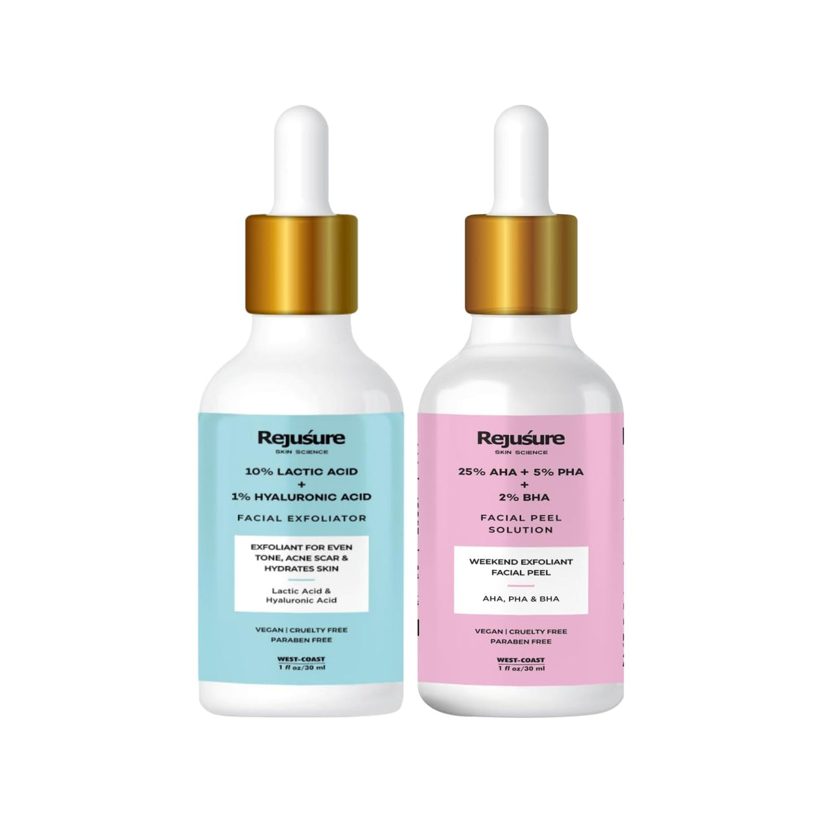 Rejusure AHA 25% + PHA 5% + BHA 2% Facial Peeling Solution (30ml) & Lactic Acid 10% + Hyaluronic Acid 1% Facial Exfoliator (30ml) - Powerful Skincare Duo for Smooth and Radiant Skin