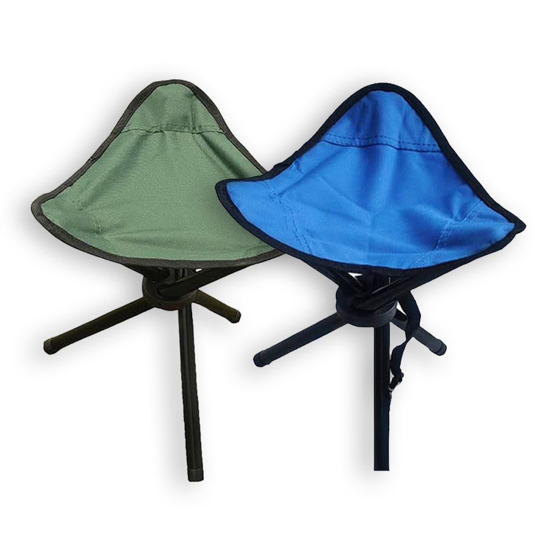 Kuber Industries Set of 2 Portable Stool for Travelling | Foldable Outdoor Sitting Chair | Tripod 3 Leg Chair for Camping, Picnic, Hiking | Blue & Green