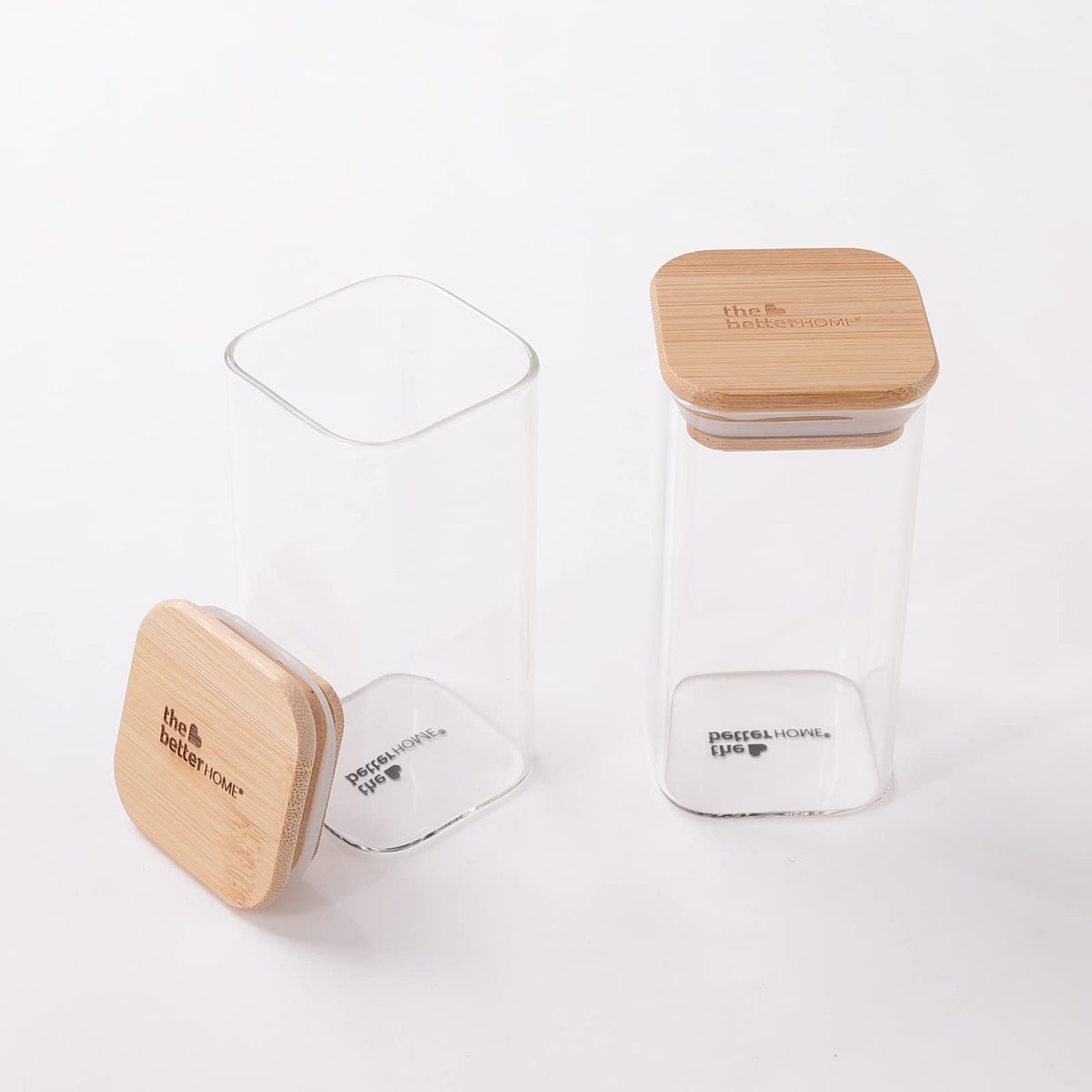 The Better Home Pack of 2 Kitchen Accessories Item with Bamboo Lid I Rectangular Transparent Airtight Borosilicate Kitchen Containers Set | Glass Jars for Cookies Snacks Tea Coffee Sugar | 300 ml Each