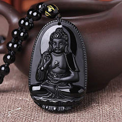 Yellow Chimes Exclusive D'Vine Collection Natural Black Obsidian Hand-Carved Healing Beads Natural Stones Reiki Buddha Long Pendant Necklace Men And Women (Unisex)
