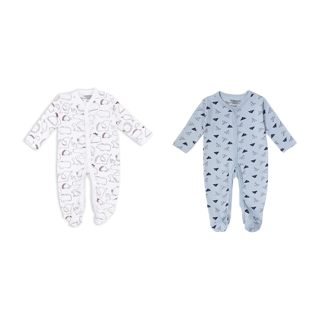 Mush Ultra Soft Bamboo Unisex Onesies Combo Set for New Born Baby/Kids Pack of 2, (0-3 Months, Aeroplane & Marine Life)