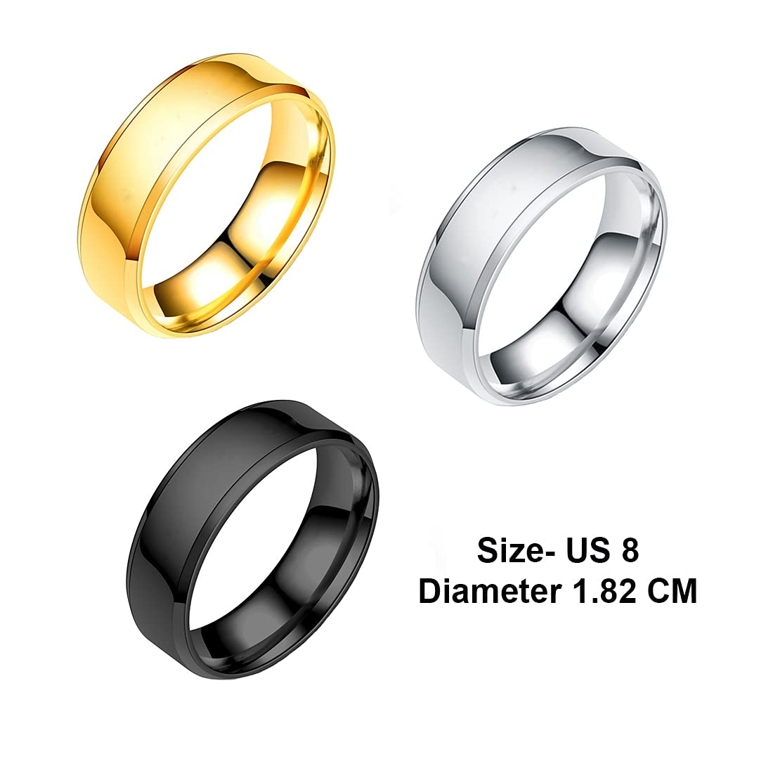 Yellow Chimes Rings for Men3 Pcs Combo Stainless Steel Black Gold Silver Band Ring for Men and Women.