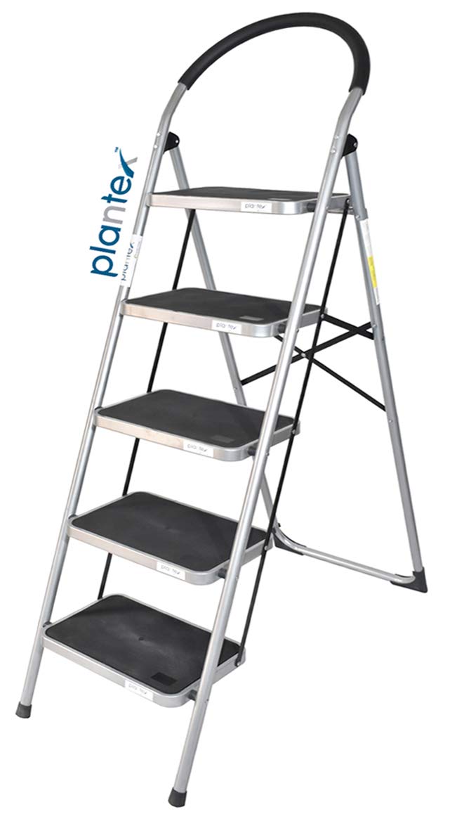 Plantex Heavy Steel Folding 5 Step Ladder for Home - 5 Wide Anti Skid Steps (Black & Silver)