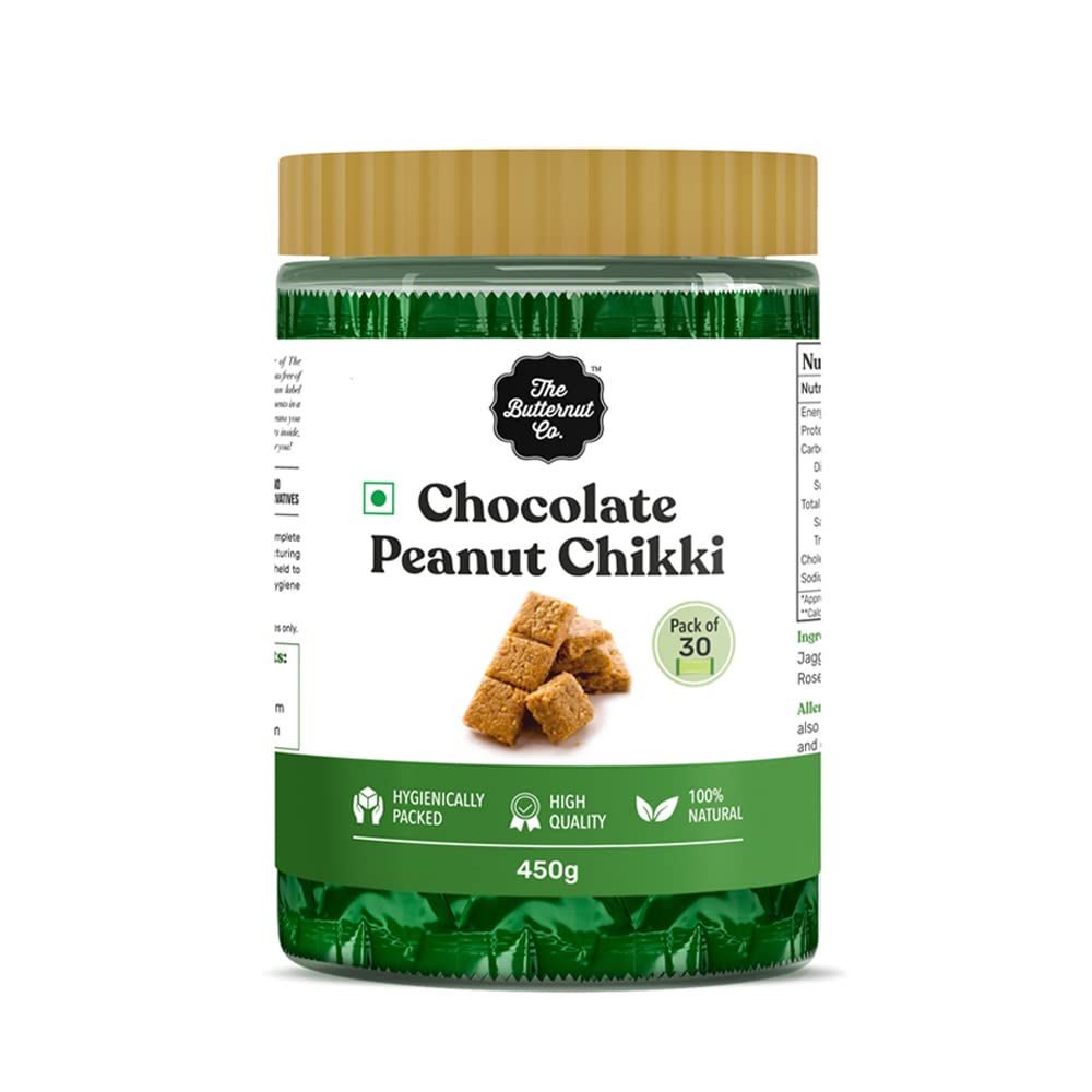 The Butternut Co. Chocolate Peanut Chikki, Natural, High Protein & Fibre, Gluten Free, Vegan, Pack of 30 (15g Each)