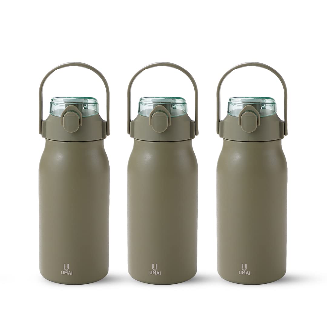 Umai Insulated Stainless Steel Bottle 1 Litre with Sipper Lid-Double Wall Vacuum Thermos|Leakproof|Rustproof|Keeps Drinks Hot/Cold for 6-12 Hours|FlipUp Handle|Easy to Carry (Pack of 3, Green)