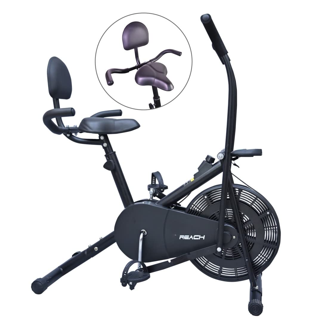 ELEV8 by Reach AB-110 BH Air Bike Exercise Cycle with Moving or Stationary Handle | with Back Support Seat & Side Handle for Support | Cushioned Seat | Fitness Cycle for Home Gym