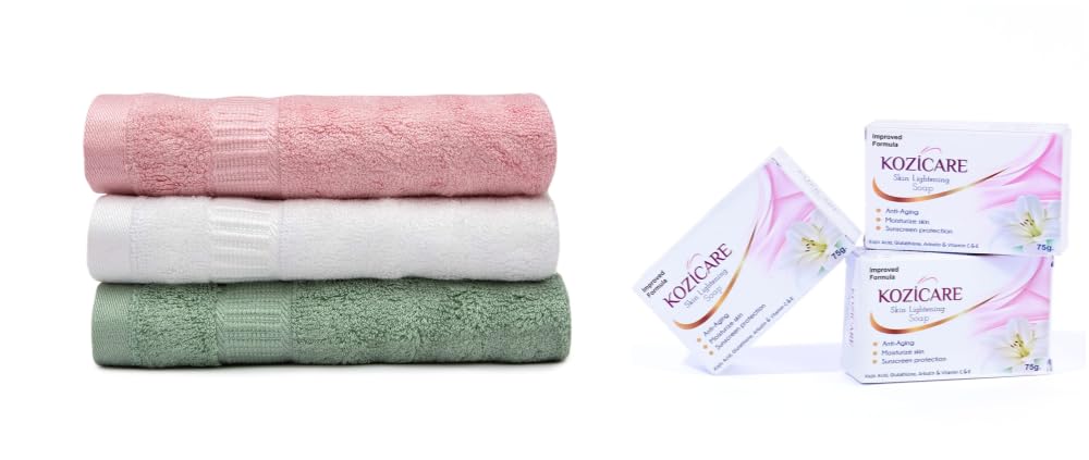 Kozicare Skin Lightening Soap (pack of 3) and Microfiber Bath Towel Set for Daily Skincare | Soap combo pack offer | Bathroom accessories | bath towel and soaps for men and women (Mush bamboo)